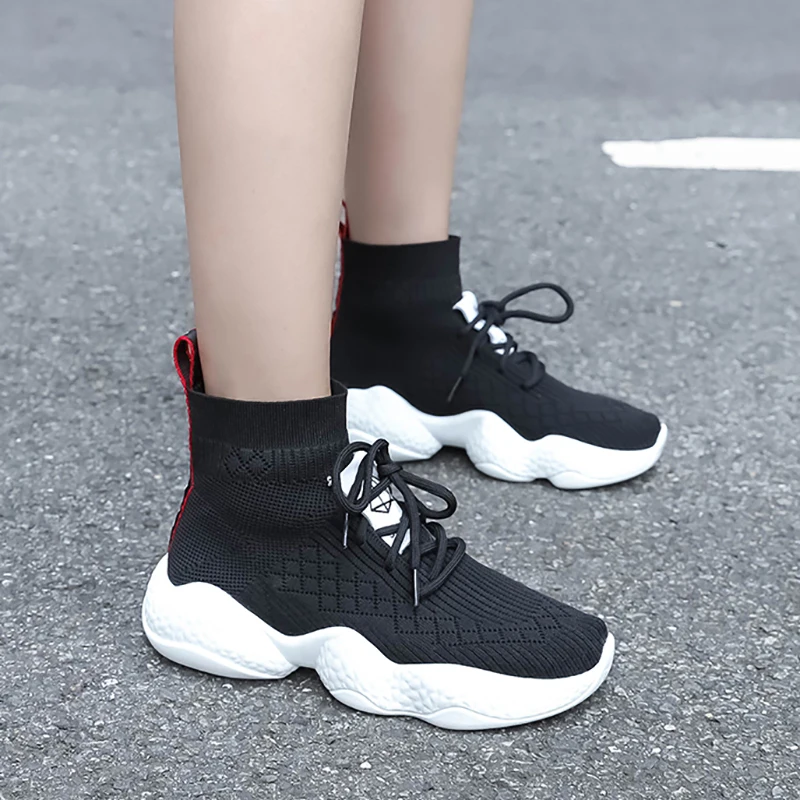 Nero E Primavera Top Calzature Traspirante white Maglia Lavorato Calzini Ginnastica Bianche Da Black Sneakers Le Sportive Scarpe A Alta Donne Per Calzettoni ETFxqq