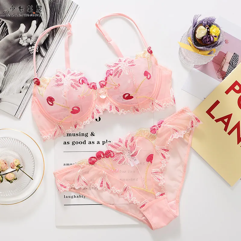 

shaonvmeiwu Autumn net gauze ultrathin transparent sexy allure hollow out sponge web celebrity thin cotton collection bra set