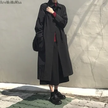 

AreMoMuWha Korean Chic Niche Dark Cold Wind Shirt Collar Split Sleeves Row of Thin Windbreake Trench Coat for Womens Trench 652