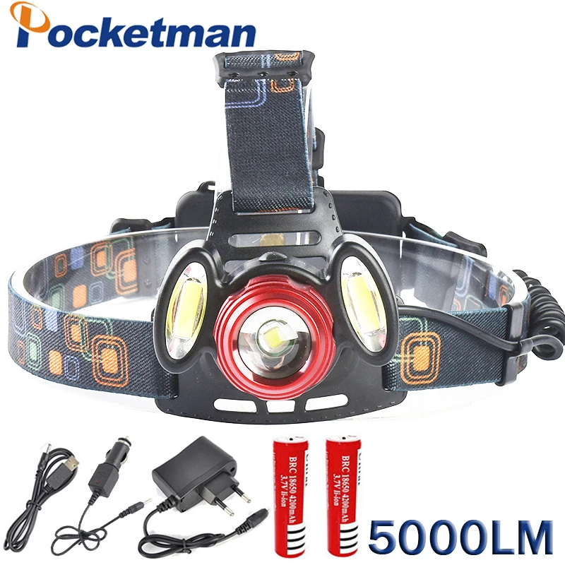 

5000 lumen headlamp Rechargeable Led Headlamp 18650 T6 Head Flashlight + 2 COB Head Lamp Front Torch Headlight 18650 Battery