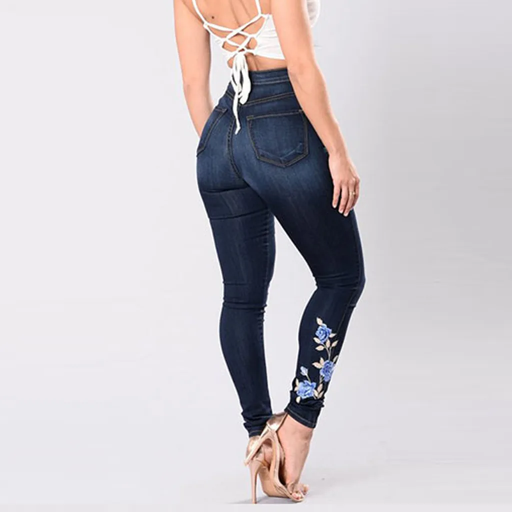 Womail однотонные джинсы женские повседневные обтягивающие прямые джинсовые брюки с вышивкой синие модные джинсы для дам Прямая поставка May27