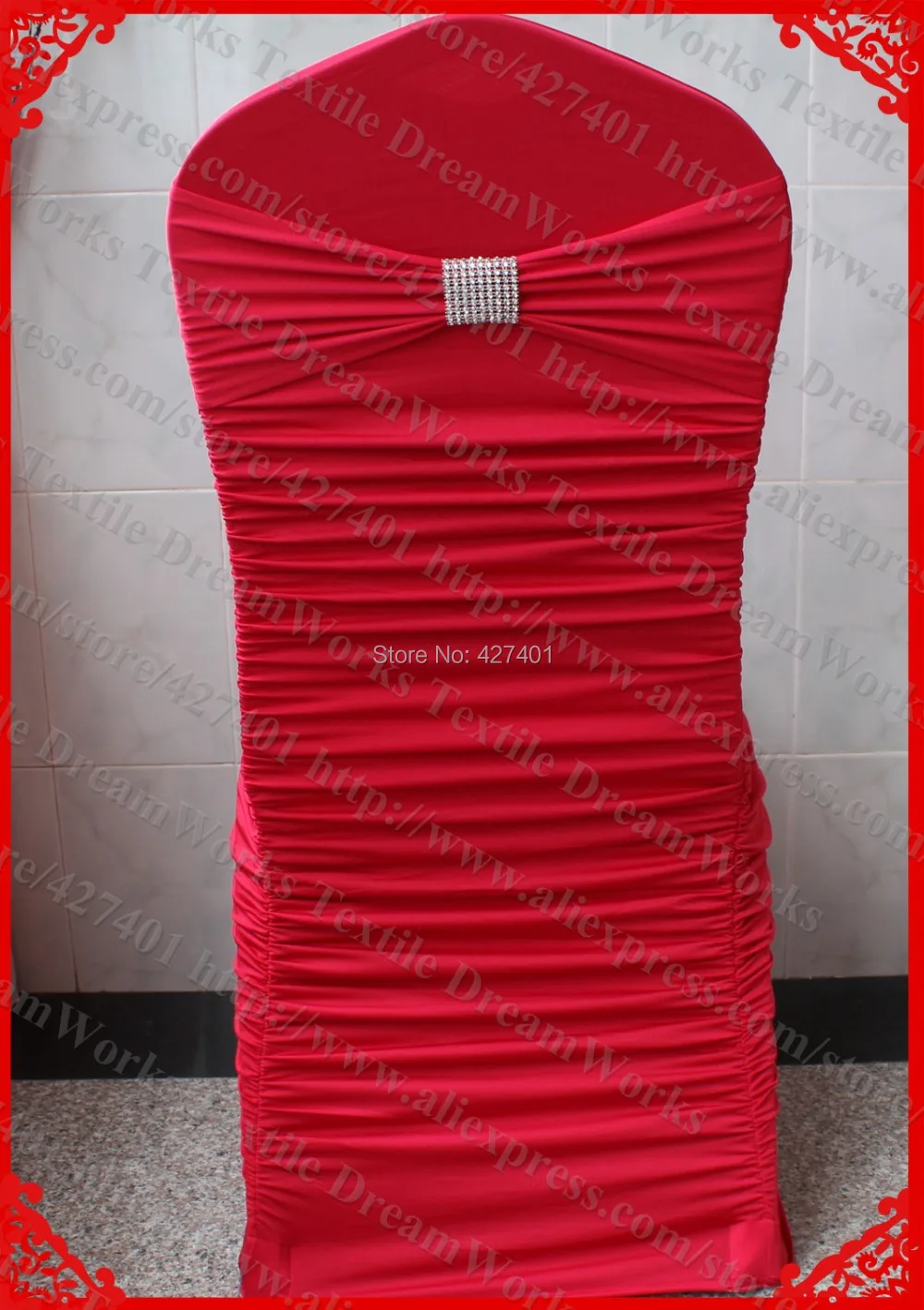 

NO.14 Dark Red Ruffled Lycra Chair Covers With Lycra Band And Silver Diamond Mesh Buckle For Wedding Decoration & Party