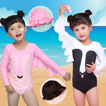 

3-7Y Toddler Baby Girls Kids Pink Black Swan with Wings One Piece Swimwear + Hats Bikini Set Swimsuit Beachwear Bathing Suit