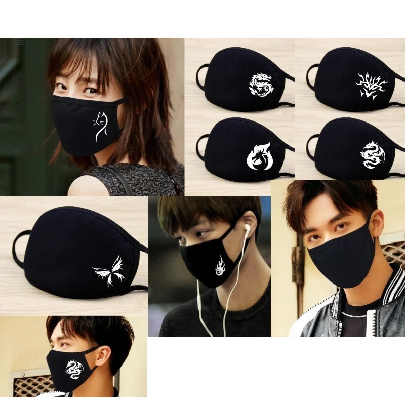 

Black Fashion Unisex Mouth Face Anime Face Mask Anti-dust Cotton Fabric Masks Keep Warm Masker Cute Winter Face Mask