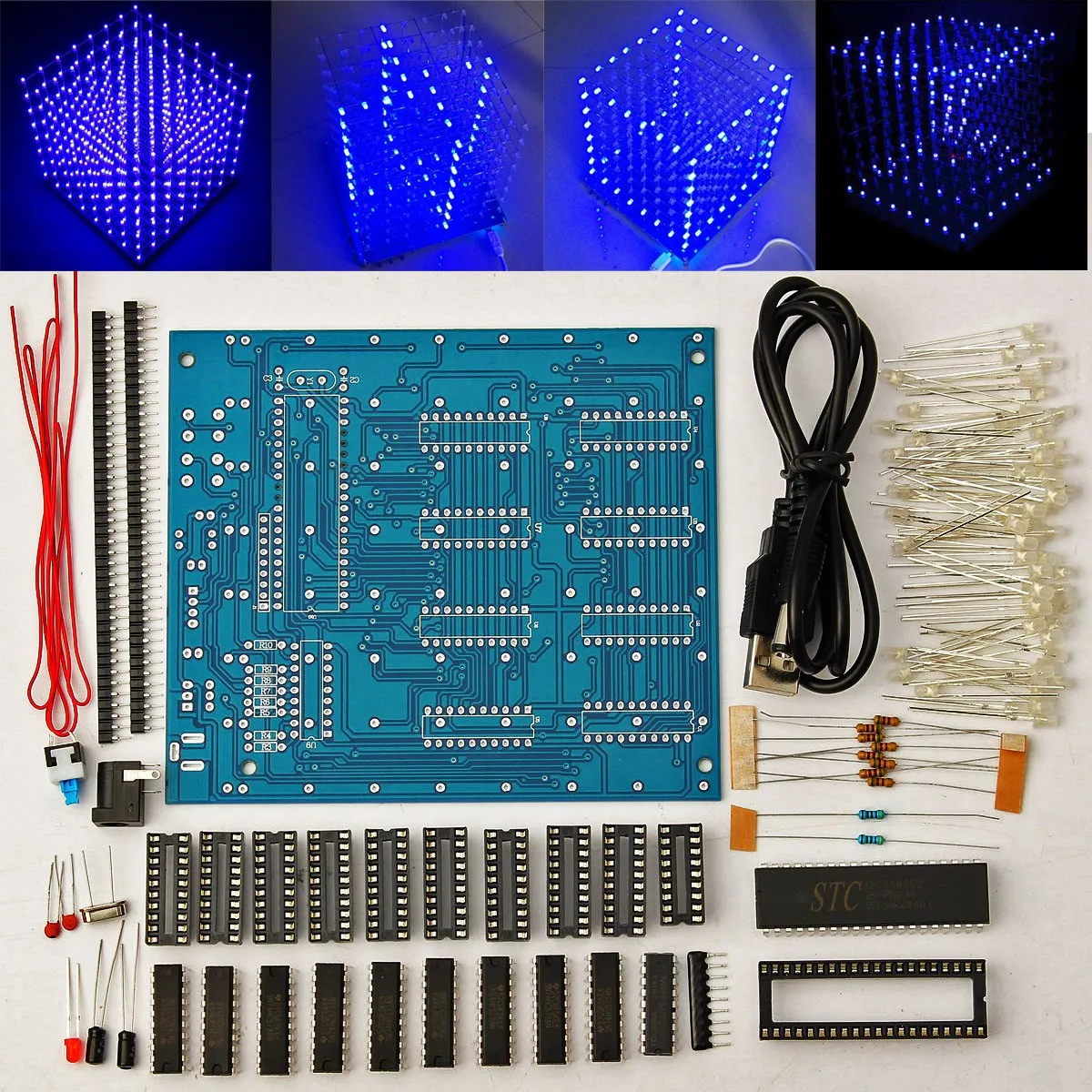 Cubo Quadrado Azul Eletrônico Faça Você Mesmo Kit Módulo 8x8x8 Led 3d Luz