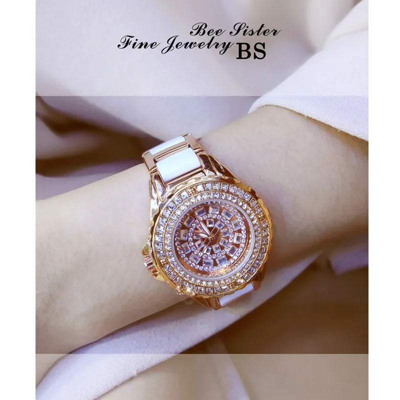

Women Quartz Rhinestone Watches Ceramic Watchband Fully Rhinestone Lady Wristwatch High-end Custom Linked List Watch
