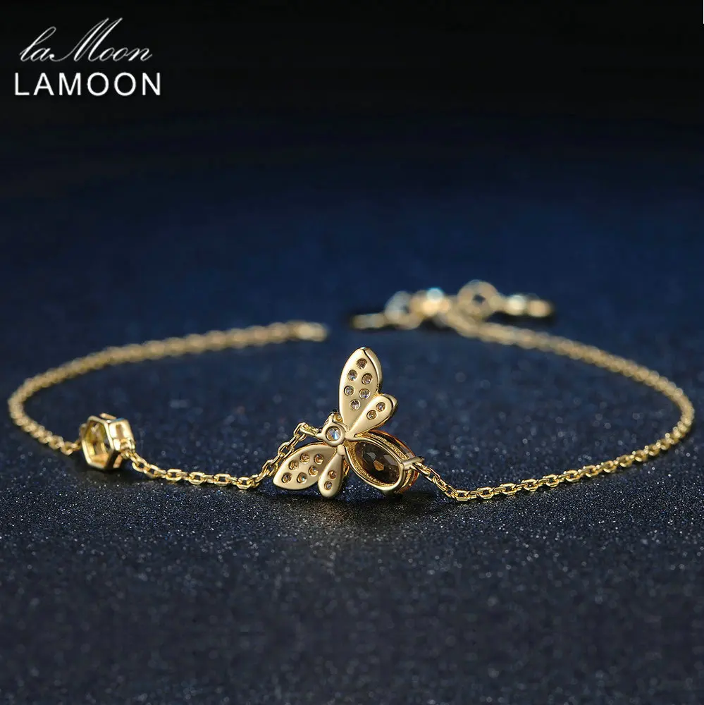 LAMOON Lovely Bee Brecelets for Women 100% Natural Citrine 925 Sterling Silver Fine Jewelry Charm Bangles Hand Accessory LMHI002