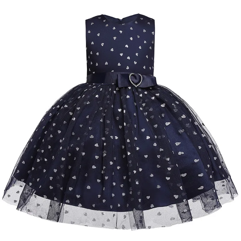 Платье с цветочным узором для девочек; торжественное платье для маленьких девочек с принтом в виде сердца; Кружевное платье-пачка; vestidos; детская одежда для свадебной вечеринки; одежда для дня рождения - Цвет: dark blue