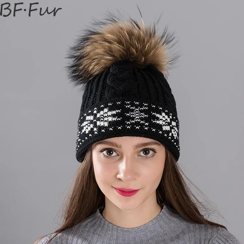 BFFUR Black Real Raccoon Fur Beanies Hats For Women Winter Warm Hats