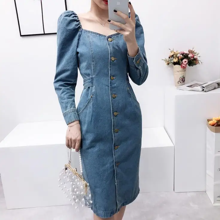 Fenda Denim Vestido Feminino Moda Único-breasted Longo 3 Cheap Vestidos