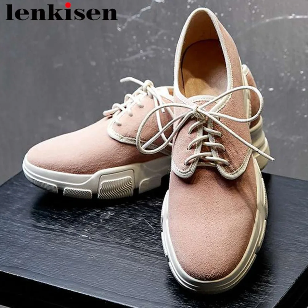 

Lenkisen natural leather mixed colors round toe thick med bottom lace up sneakers well-ventilated woman vulcanized shoes L15