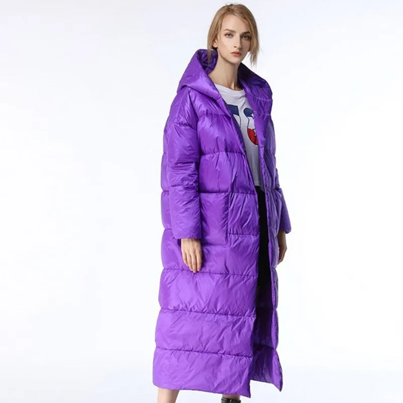 Длинная фиолетовая пуховая куртка до колена, Модная парка с капюшоном,, зимняя женская куртка, плюс размер, пуховое пальто, doudoune femme hiver ls182 - Цвет: purple