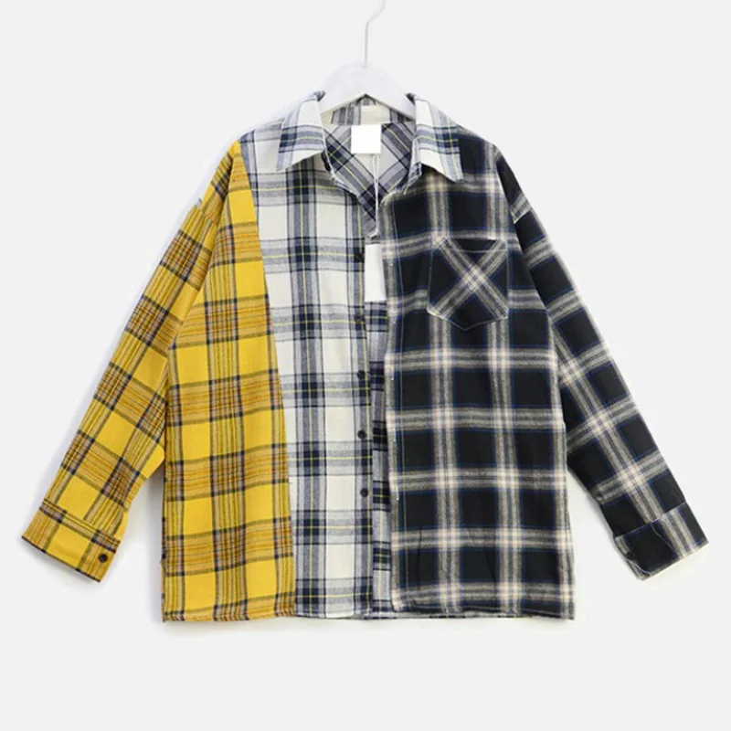  Hip Hop Plaid Shirt Color Contrast Women's Blouse Tops Long Sleeve Patchwork Splice Shirts 2020 Spr