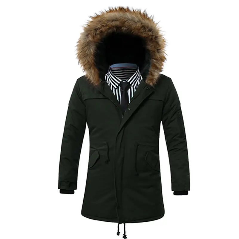 Mens Parka Padded Jacket Camisa Social Masculina Slim Fit Cotton Zip Winter Warm Hooded Fur Collar Thicken Trench Coat 1038