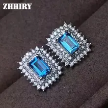 Zhhiry натуральный голубой топаз камень серьги Подлинная твердых стерлингового серебра 925 фактический камни Серьги Для женщин Ювелирные украшения