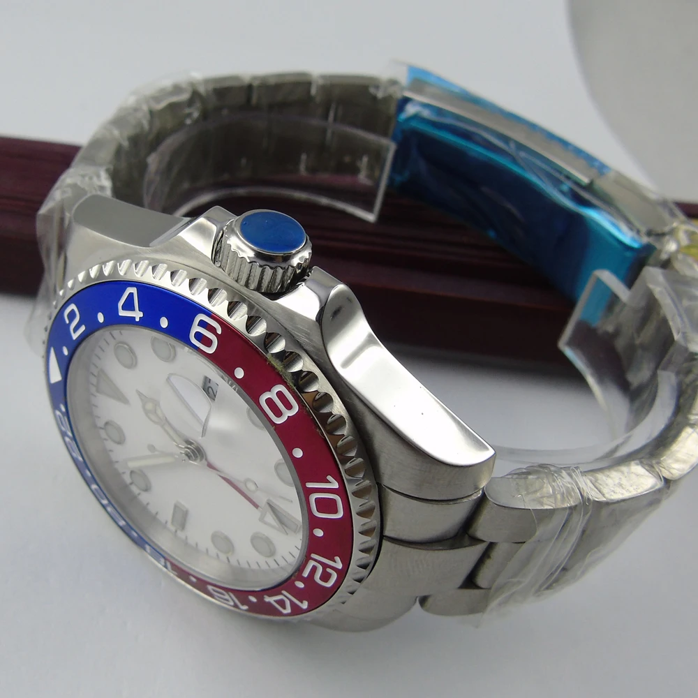 43 мм bliger белый циферблат красный GMT красный синий ободок сапфировое стекло Автоматическая Мужские часы P7