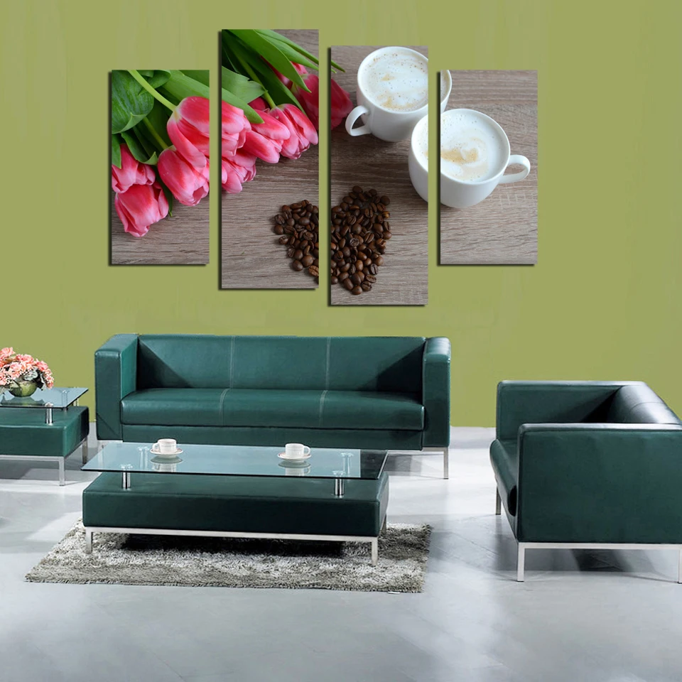 4 Pcs/Set red rose coffee beans love shape Canvas Prints Painting Modern hd flower pictures Wall for Living Room Decor | Дом и сад