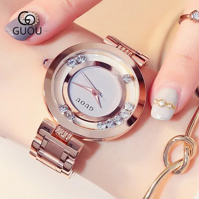 

GUOU New Famous Brand Fashion Rose gold Women Watches Shining crystal Luxury Ladies Quartz Watch Full stainless steel Wristwatch