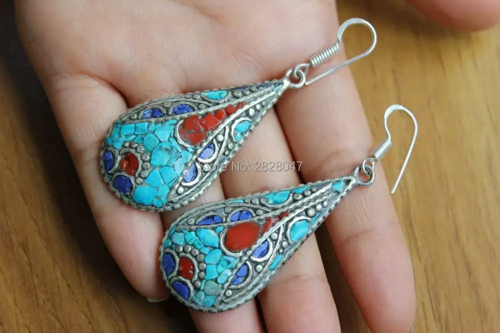 

ER157 Tibetan Silver Colorful Stone Water Drop Women Earrings India Nepal Handmade Ethnic Girls Earrings