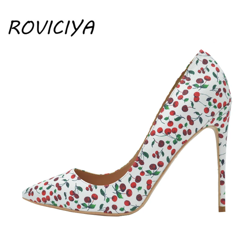 Red Cherry Print Sexy Pumps 12 Cm High Heels Woman Shoes Party Wedding