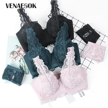 

New Lace Embroidery Lingerie Set Thick Brassiere Gather Sexy Underwear Women Set Cotton Deep V Push up Bra and Panties Set Black