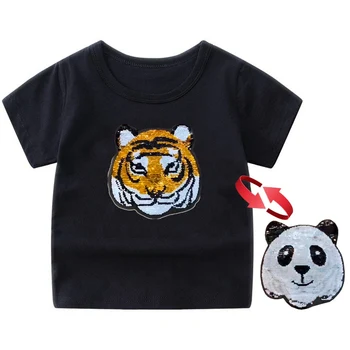 Panda Tiger Dinosaur Sequin Children T Shirt for Boys Tshirts Kids T Shirt Cartoon Print Summer Tops T-shirts for Baby Clothes 2