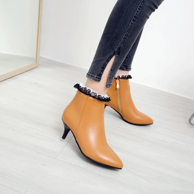 

Big Size 11 12 13 14 15 16 Pointed Short Tube Fine heel High heel Side Zipper Lace Folded Lotus Lace Fashion Boots