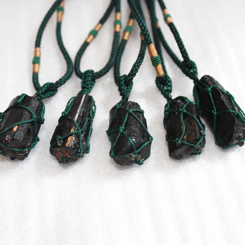 Винтажный сотканный вручную натуральный черный турмалин необработанный камень кулон ожерелье