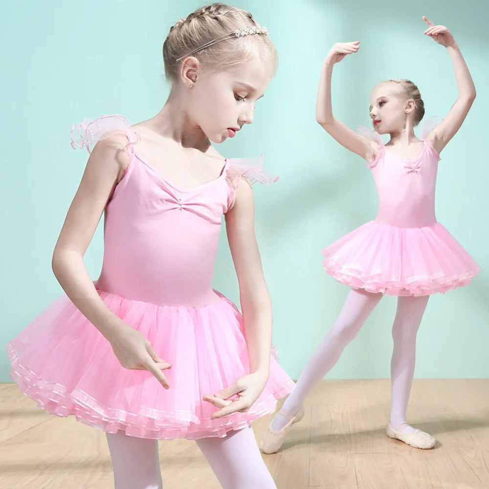 

2 pcs Girls Ballet Dance Dress Gymnastics Princess Chiffon Short-sleeve Leotard Dancewear Costume Pink Blue with Tights