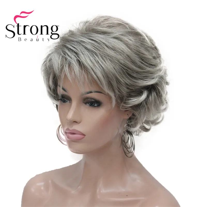 Дешево StrongBeauty мягкий взъерошенный кудрявый парик короткий серый микс полный синтетический парик выбор цвета