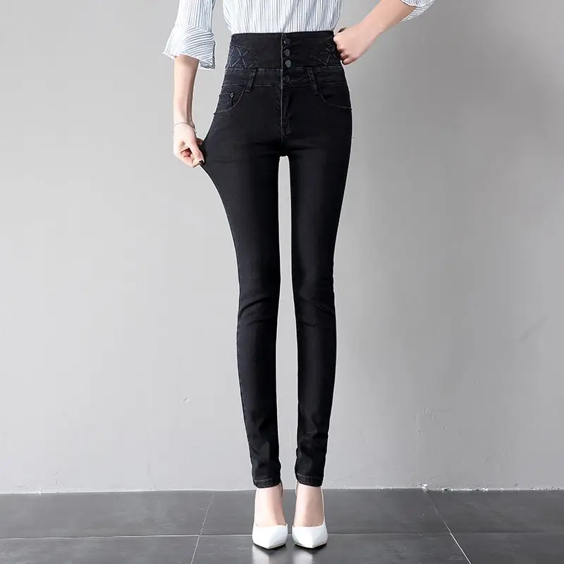 

Woman Skinny Jeans With High Waisted Plus Up Slim Stretch Denim Pants Women's korean Stretch Trousers mom Jeans Black Blue
