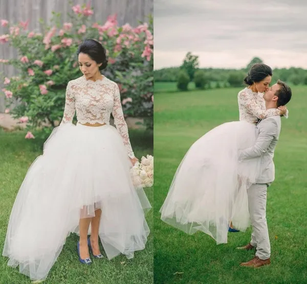 Beautiful Long Sleeve A-Line Two Pieces Beach Country Wedding Dresses 2018 High Low Lace Boho Custom Made Bohemian Bridal Gown