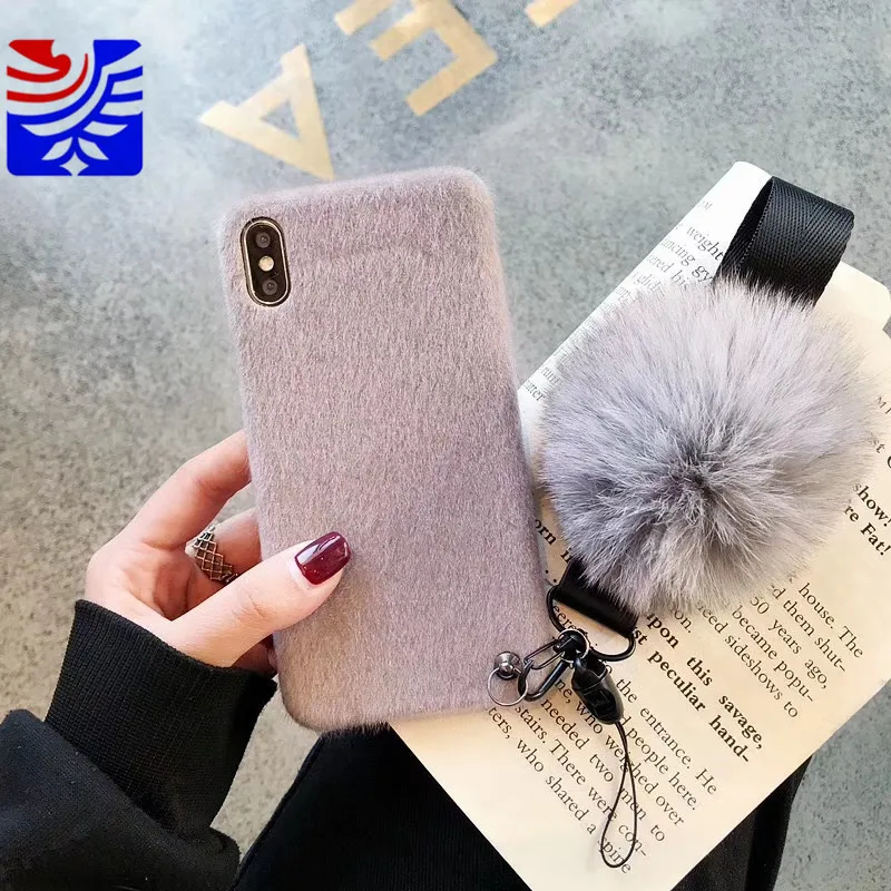 PEIPENG Simple and comfortable Plush Hairball Warm winter Phone Case Silica gel Faux rabbit fur For iPhone XS MAX 6 6s 7 8plus Fashion Christmas gift Anti-fall2