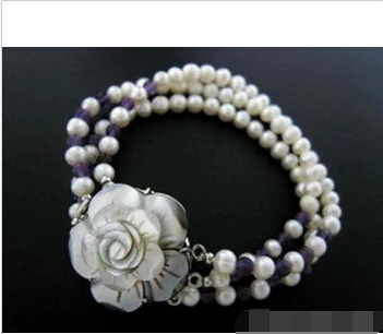 

Free shipping@@@@@ 3 Rows White Pearl Amethyst Shell Flower 18KWGP Clasp Bracelet