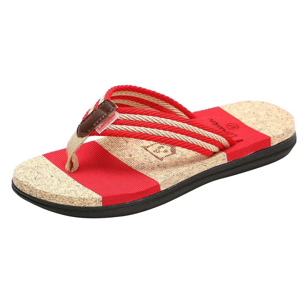 Женские модные повседневные вьетнамки на плоской подошве для пар; мужские шлепанцы; пляжная обувь в полоску; удобная обувь на мягкой подошве; большие размеры 36-41 - Цвет: Красный