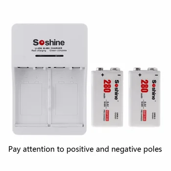 

Soshine 2pcs 9V 6F22 280mAh High Capacity Ni-MH Rechargeable Battery + 9V Smart Ni-MH / Li-ion Charger with LED Indicator