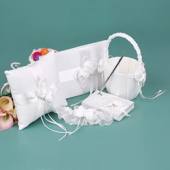 

Wedding Decoration 5pcs/set White Supplies Satin Flower Girl Basket Ring Bearer Pillow Guest Book Pen Holder Bride Garter Set