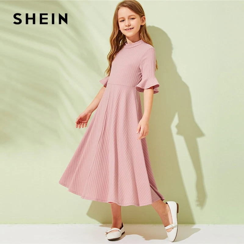 

SHEIN Kiddie Pink Solid Ribbed Knit Girls A Line Cute Dress 2019 Summer Flounce Sleeve High Waist Casual Flared Dresses For Kids