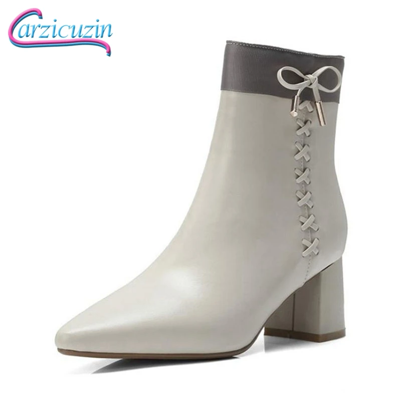 

Carzicuzin Women Ankle Boots Genuine Leather Shoes Woman Bowtie Thick Heels Short Boots Fashion Sexy Ladies Boots Size 34-39