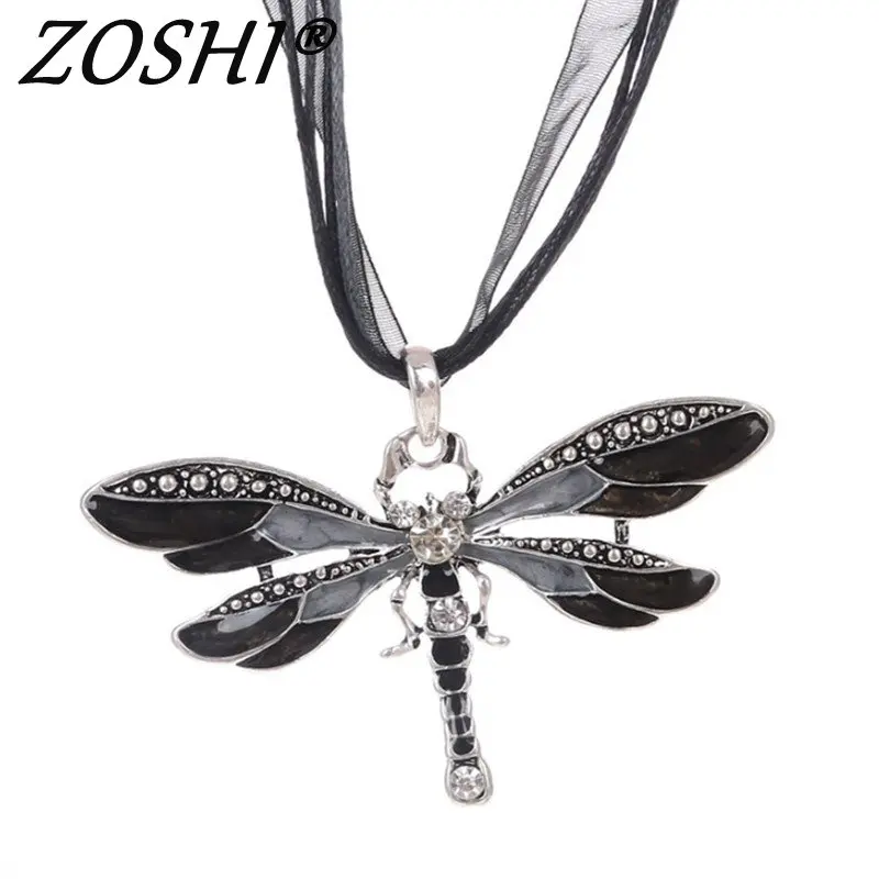 

free shipping Silver Dragonfly Pendant Necklace Women Jewelry Enamel Necklace Rhinestone Jewelry Womens Dragonfly Necklace