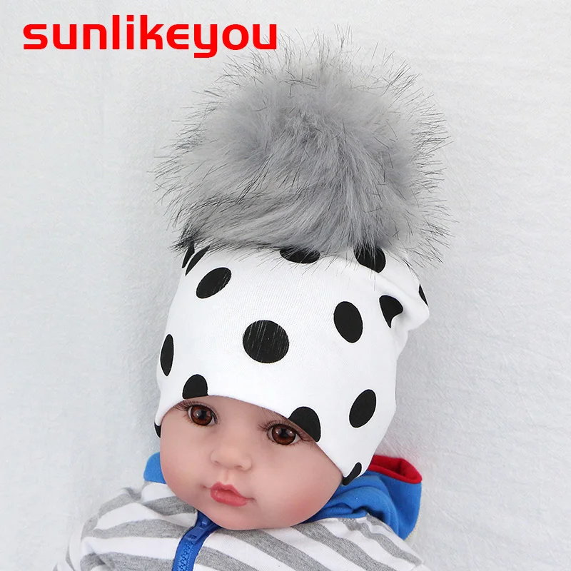 Sunlikeyou/шапки с искусственным мехом для новорожденных мальчиков и девочек, хлопковая мягкая шапка для малышей помпон из искуственного меха, теплые детские шапки