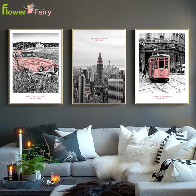 

Vintage Pink New York City Building Landscape Canvas Paintings Poster and Print Wall Art Pictures Living Room Decor Unframed