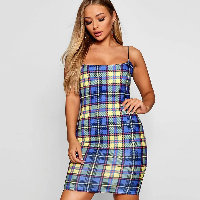 Sexy Mini Dress Women High Waist Spaghetti Strap Blue Plaid Slim Dresses Summer Beach Sheath Lace Up Party Dress Female