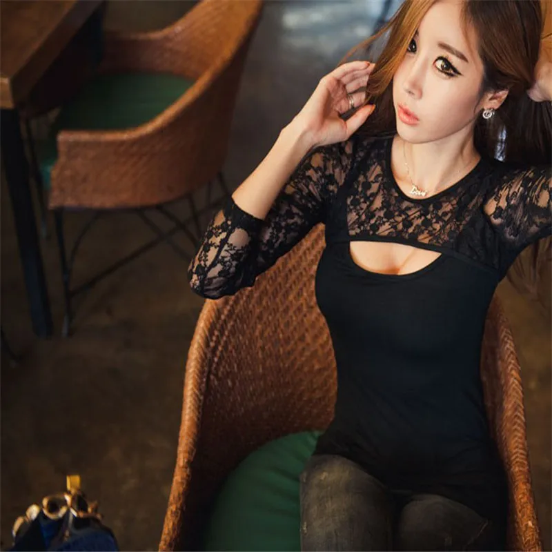 

1PC Sexy Women Lace O-Neck Long Sleeve Lady T-Shirt Casual Tops Summer Spring t shirt women Party beach shirt A20