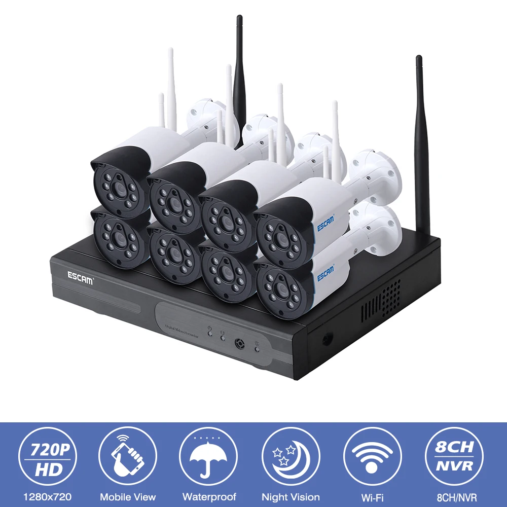 ESCAM WNK804 Outdoor 8CH Home CCTV Security Surveillance System 1MP HD 720P Bullet IP Camera font