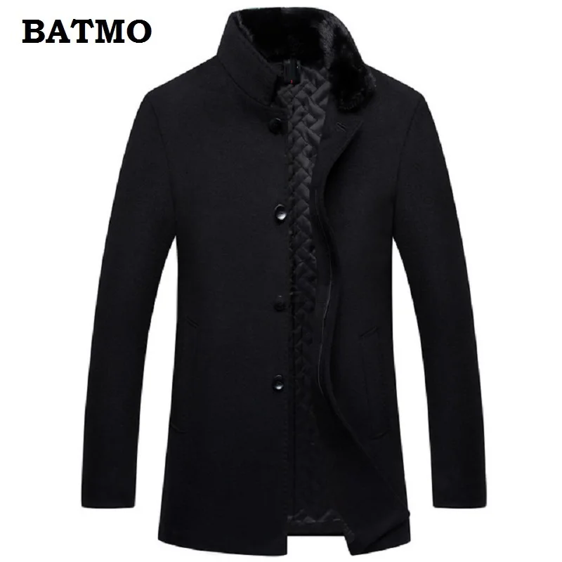 BATMO, Новое поступление, высокое качество, 60% шерсть, натуральный норковый мех, воротник, утолщенный Тренч, пальто для мужчин, зимние теплые шерстяные парки - Цвет: Черный