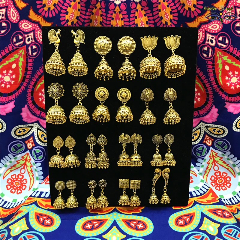 India Bollywood Female Star retro golden Jhumki Earrings Celebrities Party Retro National wind Earrings.Dubai Thailand