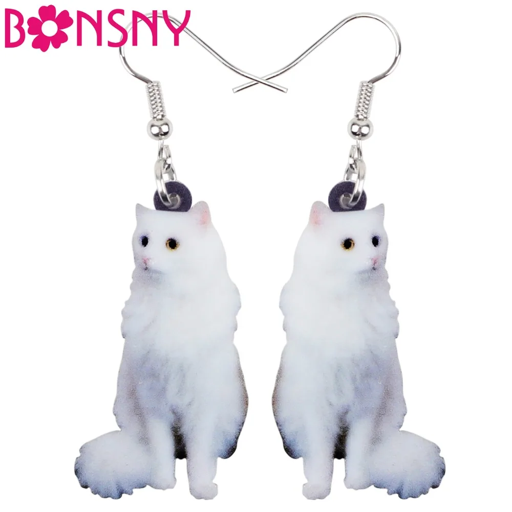 

Bonsny Acrylic Elegant Sitting Snowy Kitten Cat Earrings Long Dangle Drop Fashion Jewelry For Women Girls Ladies Kids Animal Pet