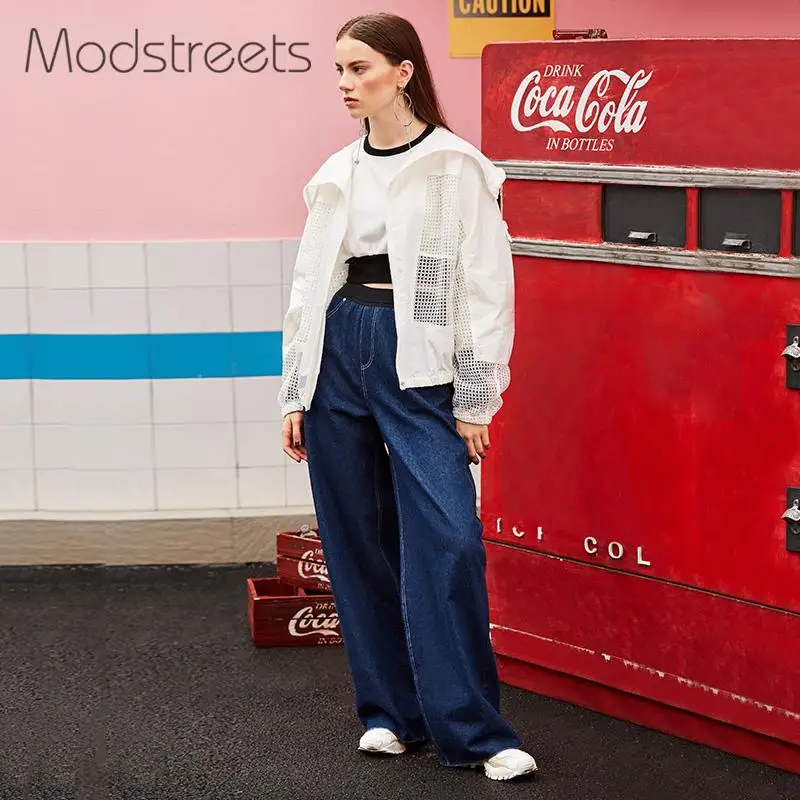 Modstreets Hollow Out Women Basic Jacket Solid White Drawstring Transparent Zipper Casual Thin Slim Autumn Coat Bomber Jacket