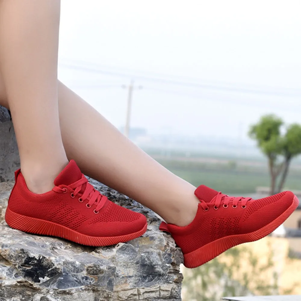 Обувь для бега; Повседневная Тканевая обувь ярких цветов; Студенческая дышащая сетчатая женская спортивная обувь на шнуровке; кроссовки; женская обувь - Цвет: Красный